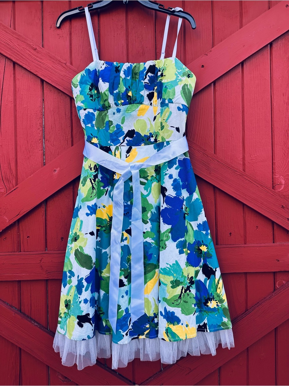 dressbarn Girls Blue, Green & Yellow Floral Adjustable Strap Dress Size 10
